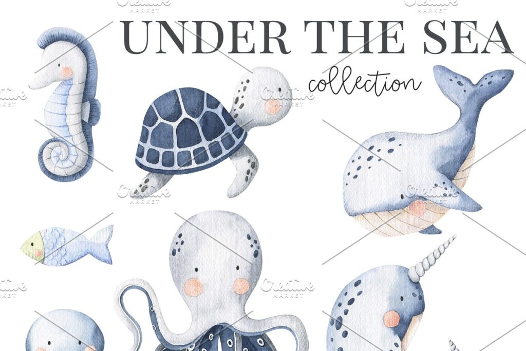 Under The Sea watercolor set Graphic Free Download
